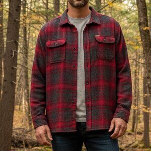 Orvis Shacket Men’s XL Red Plaid Flannel Shirt Jacket Heavy Unlined Button Up